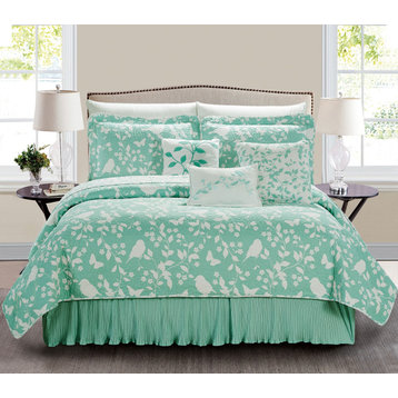 Birdsong 6-Piece Bed Spread Set, Green, Jumbo King / Cal King, 122"x106"