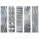 Statements2000 - 5 Easy Pieces Silver - The dynamic all Silver 5 Easy Pieces by Jon Allen features hand-etched designs that absolutely come to life in the light. Suitable for indoor and outdoor display, this abstract wall sculpture can be displayed horizontally or vertically to suit your design space.  This multi-panel wall art is versatile and perfect for your living room, bedroom, dining room, entryway, office decor, and even your outdoor wall that needs a special piece of art to make it complete. Get yours today to add that finishing touch to your home or outdoor decor!