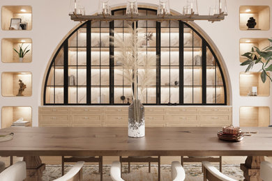 Dining room - traditional light wood floor, brown floor and exposed beam dining room idea in New York with beige walls