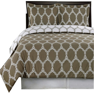 Brooksfield 100% Cotton 4PC Duvet Cover Set, Taupe and White, King/Cal King