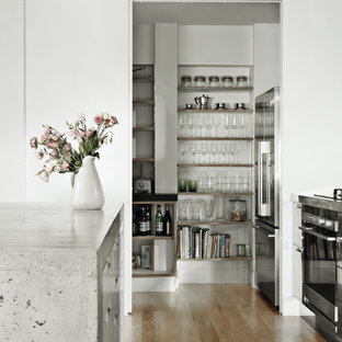 Aménagement d'une arrière-cuisine industrielle avec un placard à porte plane, une façade en inox, un plan de travail en béton, une crédence blanche, une crédence en carrelage métro, un électroménager en acier inoxydable, un sol en bois brun et un sol marron.