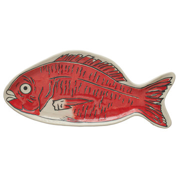 Stoneware Fish Shaped Plate with Wax Relief Illustration, Multicolor