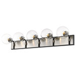 Z-LITE - Z-LITE 477-5V-MB-BN 5 Light Vanity, Matte Black + Brushed Nickel - Z-LITE 477-5V-MB-BN 5 Light Vanity,Matte Black + Brushed Nickel The Parsons collection of mid-century modern inspired fixtures, blended with contemporary design are finished in black with brushed nickel accents and clear glass, or black with brass accents and matte opal glass. With a multitude of shapes and sizes, and two finish options, the Parsons collection is on trend with today�s designs.Style: Modern, Transitional, Mid-century, RetroFrame Finish: Matte Black + Brushed NickelCollection: ParsonsShade Finish/Color: ClearFrame Material: SteelShade Material: GlassActual Weight(lbs): 13Dimension(in): 42.25(W) x 7.75(H) x 10.5(L)Bulb: (5)60W Candelabra Base(Not Included),DimmableVanity/Sconce Dual Mount (up and Down): YesUL Classification: CUL/cETLuUL Application: Damp