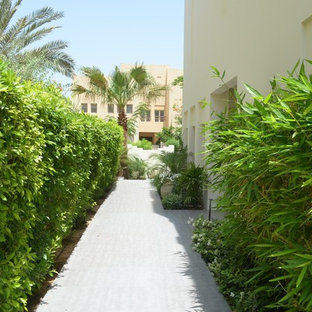 Cette image montre un jardin en pots latéral nordique de taille moyenne et l'été avec une exposition partiellement ombragée et des pavés en pierre naturelle.