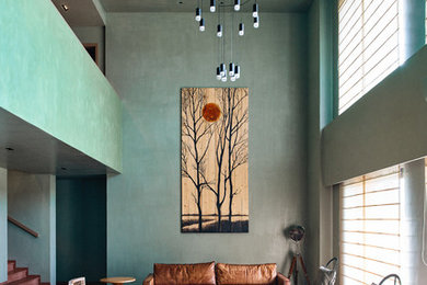 Living room - large contemporary formal and open concept living room idea in Bengaluru with green walls