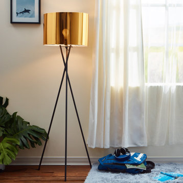 Tall Standing Light Tripod Floor Lamp, Gold