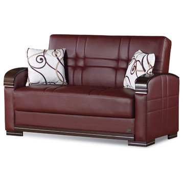 Sleeper Sofa, Comfortable Tufted PU Leather Seat & 2 Throw Pillows, Burgundy