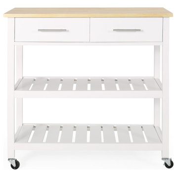 Enon Contemporary Kitchen Cart with Wheels, White + Natural
