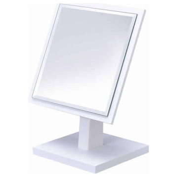 Square Makeup Mirror With Wooden Pedestal Base, White And Silver