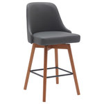 Armen Living - Sicily Swivel Walnut Wood Counter Stool, Gray Faux Leather, 26" - Update your home with our modern, versatile, and exceptionally comfortable Sicily Upholstered Swivel Bar or Counter Stool. Featuring a softly contoured back and padded seat, our bar stool delivers linger-worthy comfort for your casual meals and cocktail hours. It is perched upon tapered legs with a metal footrest to provide a comfortable seating experience. The counter stool is generously padded to attain a cozy and modern look in any room. It is available in both easy-to-maintain faux leather upholstery or high-performance fabric to best suit the need of your household. The bar stool is expertly crafted from beechwood for easy care, durability, and natural beauty. You can use it anywhere in the house from your kitchen to a home office to accompany a kitchen island, pub table, home bar, or adjustable desk. Our modern bar stool is fitted with a wonderful 360-degree swivel function with a smooth gliding system, allowing you to follow conversations and create a social space at your kitchen island or breakfast counter. The Sicily swivel bar or counter stool easily incorporates into any home and is available in your choice of 26-inch or 30-inch seat height in a walnut wood finish with cream or gray faux leather upholstery or a black brushed wood finish with gray faux leather or light gray fabric upholstery.