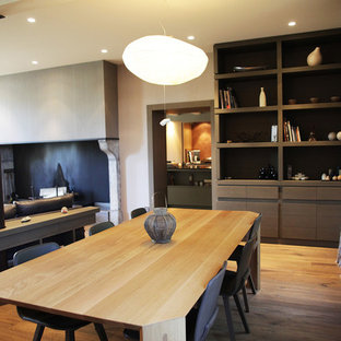 トゥールーズの広いコンテンポラリースタイルのLDKの画像 (無垢フローリング、白い壁)