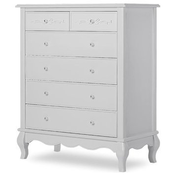French Country Vertical Dresser, 6 Drawers With Crystal Knobs, Pearl/Silver Mist