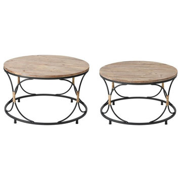 Coastal Set of 2 Natural Wood Top Coffee Table in Black Finish Iron and Rattan