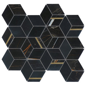 Hexagon Gold And Black Metal Stainless Steel Marble Tile, 10 Sheets
