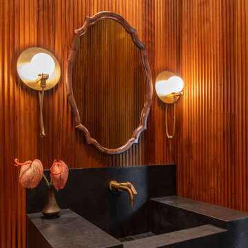 West Austin Powder Room with Honed Black Granite Vanity