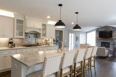Inspiration for a large transitional l-shaped dark wood floor kitchen remodel in Cleveland with a farmhouse sink, shaker cabinets, white cabinets, quartzite countertops, gray backsplash, ceramic backsplash, stainless steel appliances and an island