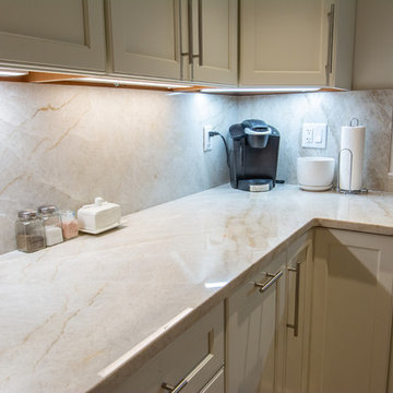Taj Mahal Quartzite Kitchen w/ Full Height Backsplash