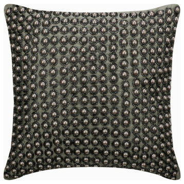 Decorative 14"x14" Pearls Beaded Gray Silk Pillows For Couch, Precious Pearls
