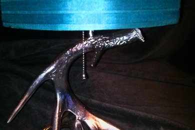 Pair of silver antler lamps with teal shades (real antlers)