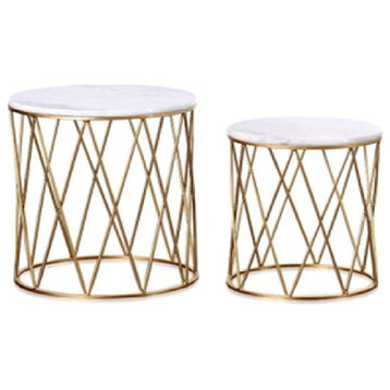 Round Marble Top Nesting Accent Tables With Gold Metal Cage Base, 2-Piece Set