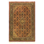 Bareens Designer Rugs - Bohemian Heriz Ziegler Richard Red Blue Hand-Knotted Rug - 3'11'' x 5'11'' - Enhance the ambiance of your home with this magnificent Persian-influenced Turkish hand-knotted rug made by skilled artisans capable of creating the most exceptional vegetable dyes and hand-spun wool. This exquisite handmade rug is a one-of-a-kind Peshawar Kafkaz, otherwise identified as Chobi, Chobi Peshawar, Oushak, or Ziegler rug. These handmade rugs are crafted in Pakistan utilizing superior-quality wool imported from Australia, New Zealand, and Korea in two types of weaves: the Persian weave and the Mori weave. This rug is meticulously crafted by hand using the finest natural vegetable dyes extracted from local plants. The artisans use a blend of hand-spun local and fine merino wool, resulting in a rug with a compelling texture, higher lanolin content, and longer staple. The artisans occasionally incorporate natural or artificial silk into the pile to enhance specific motifs. The finished product is an awe-inspiring execution of flawless design and an understated palette that exudes elegance.