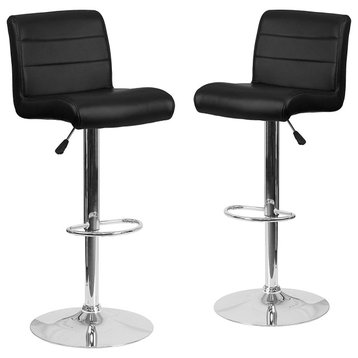 Set of 2 Armless Bar Stool, Waterfall With Channel Tufted Mid Back, Black