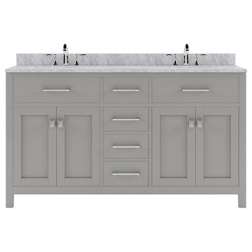 Caroline 60" Double Bath Vanity, Gray With White Marble Top and Square Sinks