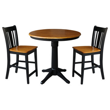 36" Round Pedestal Gathering Height Table With 2 Counter Height Stools, Black/Cherry