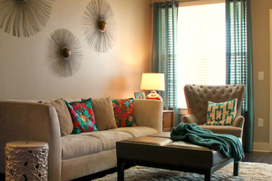 Small transitional open concept dark wood floor living room photo in Dallas with beige walls