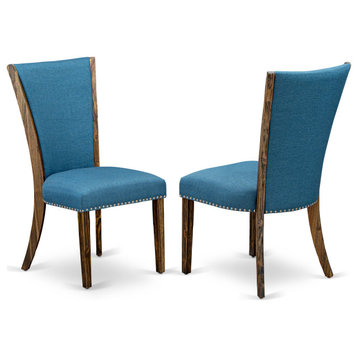 Set Of 2, Upholstered Dining Chair, Distressed Jacobean Wood Frame, Blue Seat