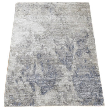Light Gray Wool With Silk Modern Abstract Design Hand Knotted Mat Rug, 2'x2'10"