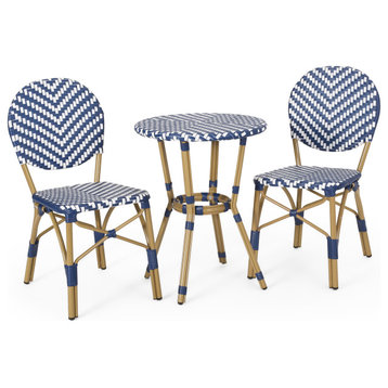 Deshler Outdoor Aluminum French Bistro Set, Navy Blue, White, and Bamboo Finish