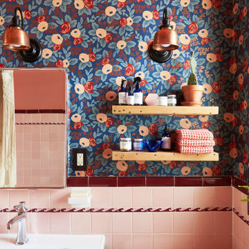 Wallpaper + Pink Tile Kids Bath
