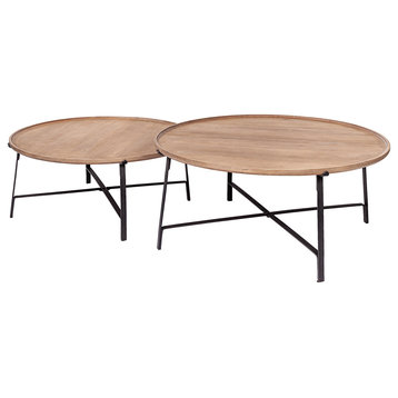 Helios I, Set of 2 Brown Solid Wood Top Black Metal Base Nesting Coffee Tables