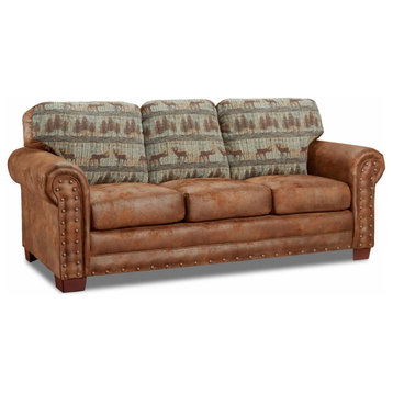 Unique Sofa, Soft Microfiber Upholstery With Deer Valley Motif & Nailhead Accent