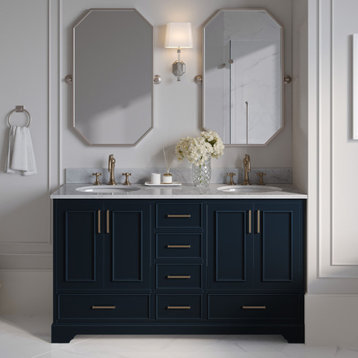 Ariel Stafford 61" Double Oval Sink Bathroom Vanity, Midnight Blue, 0.75 Carrara Marble