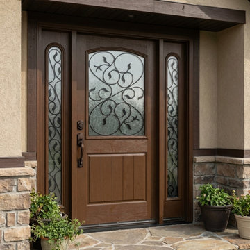 Custom fiberglass Front Door with Decorative Scroll Glass and Matching Sidelight