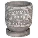 Sagebrook Home - 5 " Tribal Pattern Planter With Saucer, Gray - Cement planter with etched pattern and attached saucer works well both indoor and outdoor. The etched pattern gives it texture and design. Perfect for any home or office.