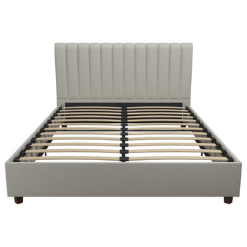 Modern Queen Platform Bed, Oak Finished Legs With Ribbed Linen Headboard, Gray