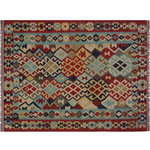 Bareens Designer Rugs - Southwestern Turkish Kilim Cameron Hand-Woven Wool Rug - 5'2'' x 6'8'' - Elevate the elegance of your home with this stunning hand-woven tribal Kilim wool rug. Meticulously crafted on a loom by the Nomad Turkman people using hand-spun wool and 100% natural vegetable dyes, these rugs are recognized for their repetitive geometric patterns, incorporating naturalistic floral and traditional designs. The contemporary fashion palette results in bold, sharp patterns that are incredibly versatile, as the pattern is the same on both sides. These reversible rugs feature a lighter shade on one side and brighter colors on the other, providing versatility according to preference. These unique rugs are made by knotting short strands of different colors onto the warps and securing them by tightly pressing the wefts. The designs are created by interweaving the various colored wefts and warps. Kilims are known for their exceptional durability and versatility, making them truly unique rugs.  Product Details    Rug Size: 5'2'' x 6'8''  Material: 100% Wool  Style: Kilim, Flat Weave, Dhurrie, Turkish, Southwestern, Rustic, Tribal  Colors: Beige, Red, Blue, Gold  Weave Type: Hand-Woven, Handmade  Pile Height: Less than 0.25 inch