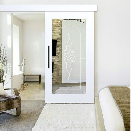 Mirror Sliding Barn Door in Various Frosted Designs, 2x Mirror-Front + Back Side, 36"x84"inches