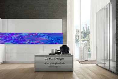 Example of a trendy kitchen design in Vancouver with white cabinets, blue backsplash and glass sheet backsplash