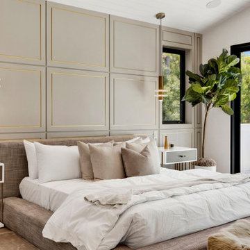 Guest bedroom with panelled wall and private balcony