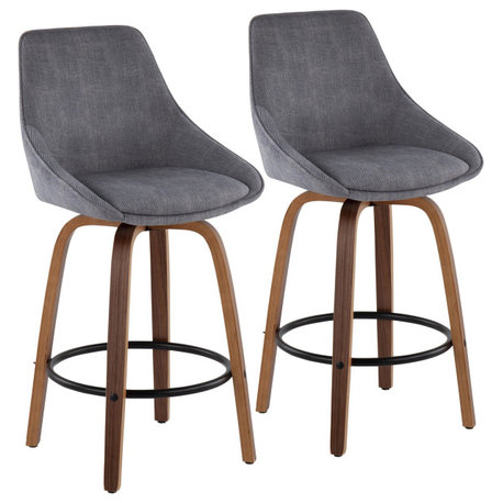 Diana Counter Stools, Set of 2, Walnut Wood, Gray Corduroy