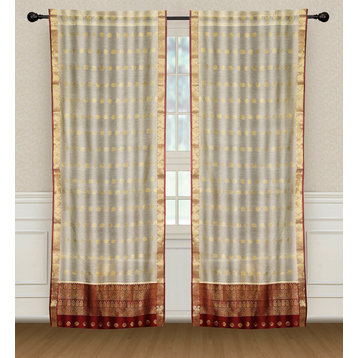 2 Lined Cream Bohemian Indian Sari Curtains Rod Pocket Living Room -43W x 84L