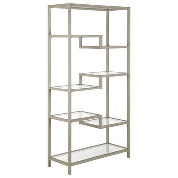 Contemporary Bookcase, Geometric Design & Open Shelves With Glass Panels, Silver