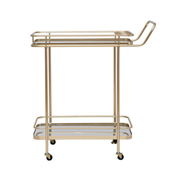 Art Deco 2-Tier Mirrored Metal Bar Cart with Casters, Gold