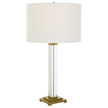 Crystal Column 1 Light Table Lamp, Crystal and Antique Brass