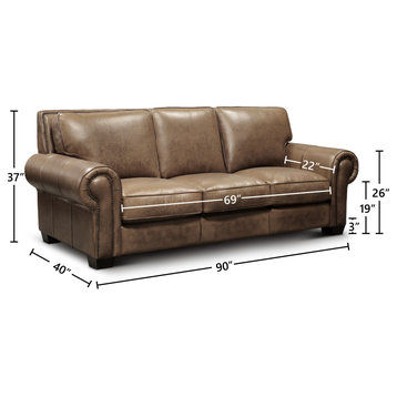 Valencia 100% Top Grain Hand Antiqued Leather Traditional Sofa, Taupe