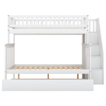 TATEUS Twin over Full Bunk Bed with Trundle and Staircase,White\Gray, White